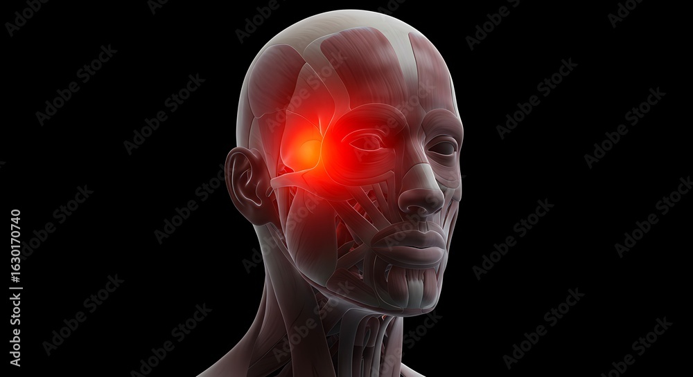 Obraz premium Temporal Headache: 3D Render of Human Head with Pain Indication