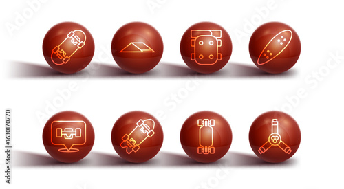 Set line Skateboard, wheel, Longboard or skateboard, park, Y-tool and Knee pads icon. Vector