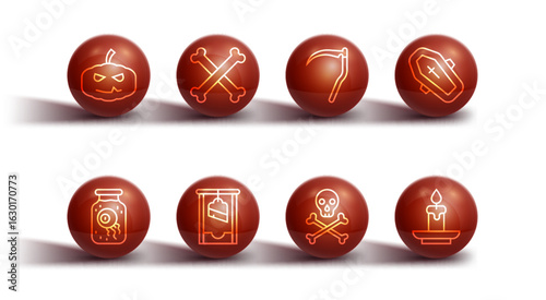 Set line Pumpkin, Eye a jar, Coffin with cross, Skull on crossbones, Guillotine, Crossed, Burning candle and Scythe icon. Vector