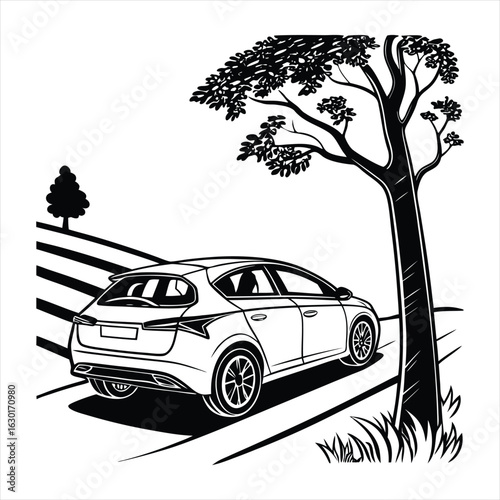 A black and white illustration of a car parked beside a large tree on a road, rendered in a distinctive silhouette style
