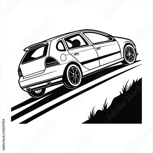 A detailed black and white illustration of a station wagon driving uphill, rendered in a distinctive silhouette style