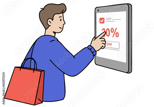 A man happily taps a tablet displaying a 20% off offer. He carries a shopping bag, suggesting a retail promotion. Modern, clean illustration style.