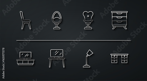 Set line Chair, TV table stand, Furniture nightstand, Table lamp, Armchair, Office desk and icon. Vector