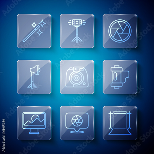 Set line Photo retouching, Camera shutter, Empty photo studio, camera, Studio light bulb softbox, and film roll cartridge icon. Vector