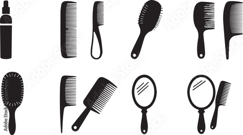 Assortment of Black Silhouette Hair Styling Tools and Mirrors comb hair comb