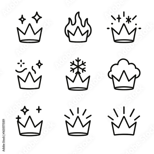 Ice Crown Icon Set. Outline icon set of ice crown effects: sparkling frost, glowing ice, chilly aura, snowflake shimmer, freezing