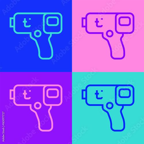 Pop art line Digital contactless thermometer with infrared light icon isolated on color background. Vector
