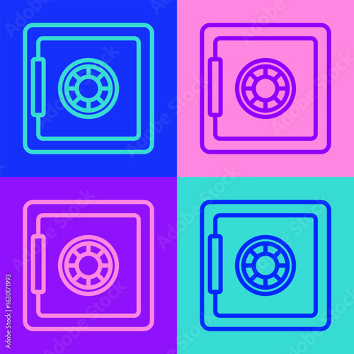 Pop art line Safe icon isolated on color background. The door safe a bank vault with a combination lock. Reliable Data Protection. Vector