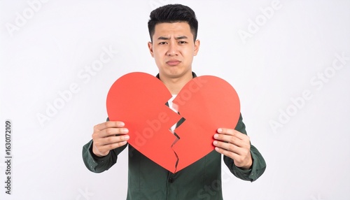 A young Asian man portrays profound sadness as he holds the shattered pieces of a broken heart, symbolizing deep emotional distress and loss.