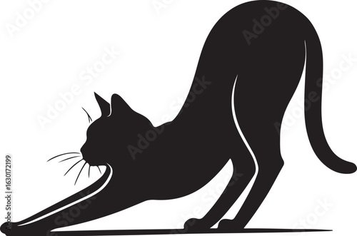 Elegant Silhouette of a Black Cat Stretching Gracefully with a Curved Back	