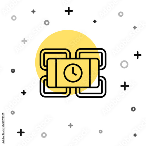 Black line Detonate dynamite bomb stick and timer clock icon isolated on white background. Time bomb - explosion danger concept. Random dynamic shapes. Vector
