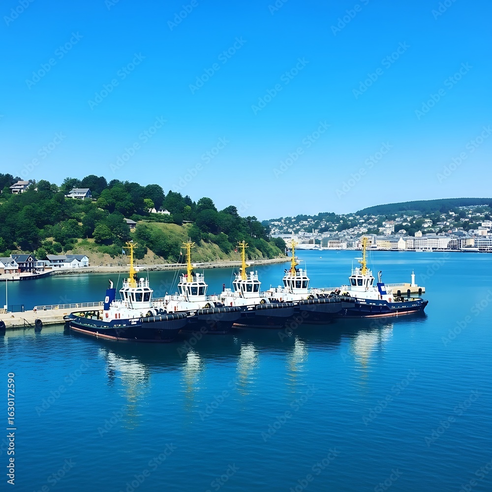 Naklejka premium Four tugboats moored in a harbor, reflecting on the calm water.