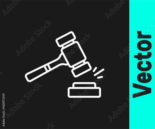 White line Auction hammer icon isolated on black background. Gavel - hammer of judge or auctioneer. Bidding process, deal done. Auction bidding. Vector