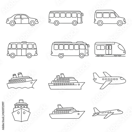 elegant modern detailed professional high quality Transportation Vehicles Line Art Icons