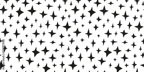 Simple black and white seamless pattern with four pointed stars.