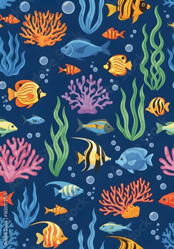 Vibrant coral reef teeming with colorful tropical fish and flowing sea plants under the ocean.