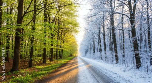 A road divides a forest into two seasons, lush spring on one side and snowy winter on the other.