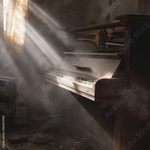 Sunlight beams through a window, illuminating an abandoned, dusty upright piano in a decaying room filled with scattered papers and debris.