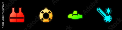 Set Life jacket, Lifebuoy, Elegant women hat and Meteorology thermometer icon. Vector