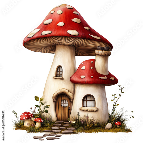 A whimsical mushroom house fantasy home with fairy details on transparent png background. Ai generated