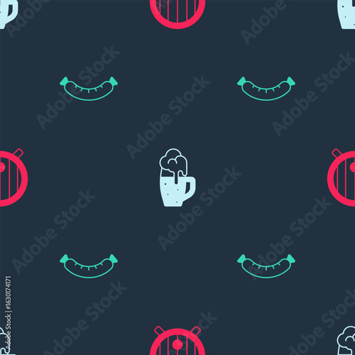 Set Wooden barrel, Glass of beer and Sausage on seamless pattern. Vector