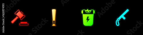Set Judge gavel, Baseball bat, Police electric shocker and rubber baton icon. Vector