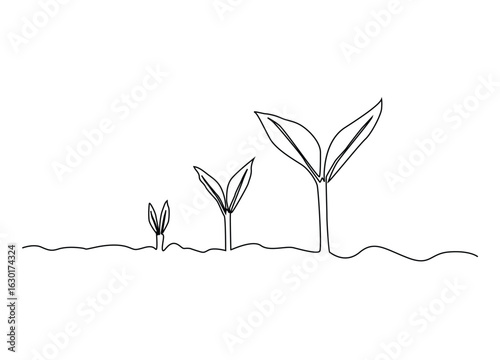 Continuous one line art of growing plant. Seeds sprout in ground.