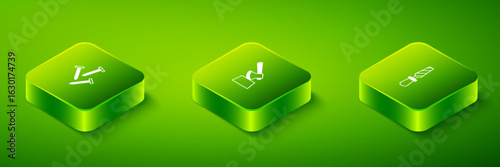 Set Isometric Wooden axe in stump, Rasp metal file and Metallic nails icon. Vector