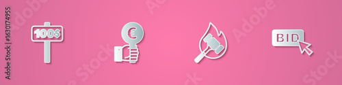 Set paper cut Hand holding auction paddle, Auction hammer and Bid icon. Paper art style. Vector