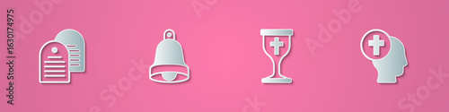 Set paper cut Holy bible book, Church bell, Christian chalice and Priest icon. Paper art style. Vector