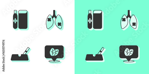 Set Tobacco leaf, Electronic cigarette, Ashtray with and Disease lungs icon. Vector