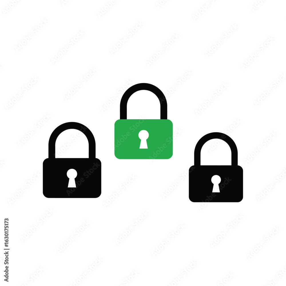Three padlocks, two black and one green, symbolizing security and access control isolated on white background Three padlocks, two black and one green, symbolizing security and access control isolated on white background