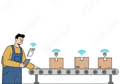A worker inspects packages on a conveyor belt using a tablet, connected via GPS. Modern factory setting. Clean, professional illustration.