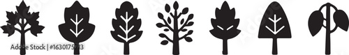 A collection of stylized trees representing different seasons, and black and white colors displayed in a row	