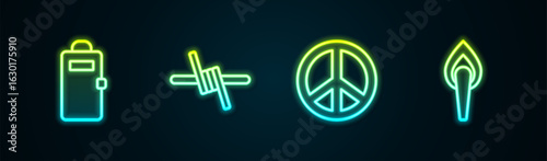 Set line Police assault shield, Barbed wire, Peace and Torch flame. Glowing neon icon. Vector