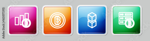 Set line Pie chart infographic bitcoin, Bitcoin, Blockchain technology and Server. Colorful square button. Vector