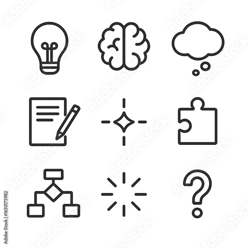 Idea Origin Icons. Outline icon set of origin of ideas: light bulb, brain, thought bubble, pen and paper, spark, puzzle piece,