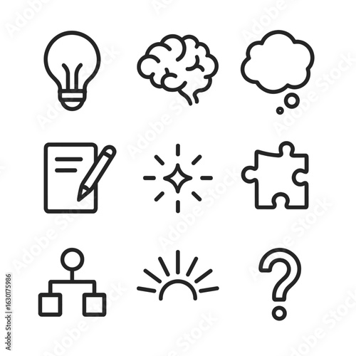 Idea Origin Icons. Outline icon set of origin of ideas: light bulb, brain, thought bubble, pen and paper, spark, puzzle piece,