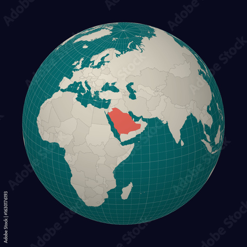 Saudi Arabia on the map. Globe centered to Saudi Arabia. Country location on the world map. Teal Pale Mint color palette. Globe with countries, meridians and parallels. Alive vector illustration.