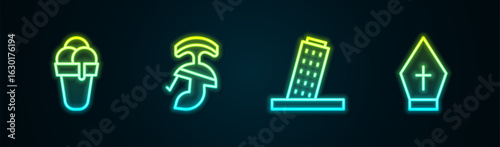Set line Ice cream, Roman army helmet, Tower in Pisa and Pope hat. Glowing neon icon. Vector