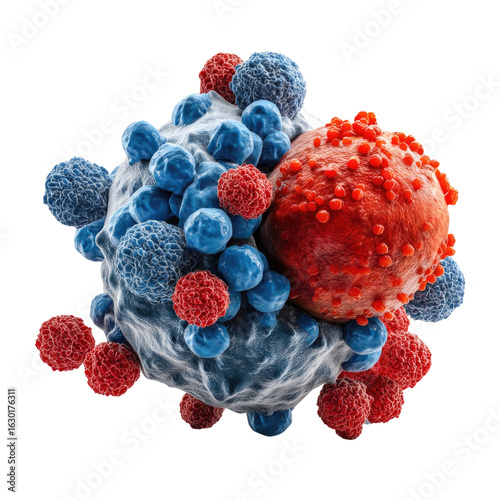 Detailed Illustration of Immune Response Showing Cancer Cell Interaction with Immune Cells in Digital Art Style
