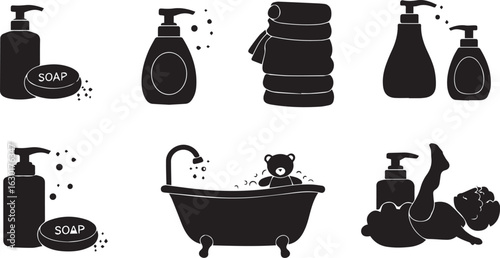 Collection of Bathroom Hygiene and Baby Bath Icons in Silhouette soap dispenser