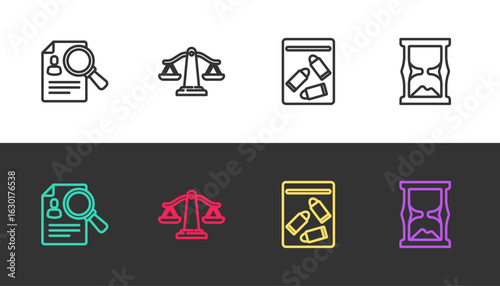 Set line Paper analysis magnifying, Scales of justice, Evidence bag and bullet and Old hourglass on black and white. Vector