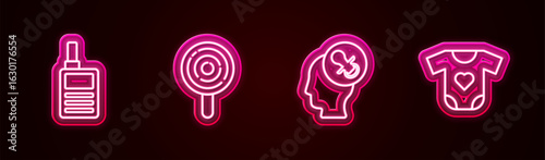 Set line Baby Monitor Walkie Talkie, Lollipop, dummy pacifier and clothes. Glowing neon icon. Vector