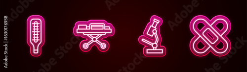 Set line Medical thermometer, Stretcher, Microscope and Crossed bandage plaster. Glowing neon icon. Vector