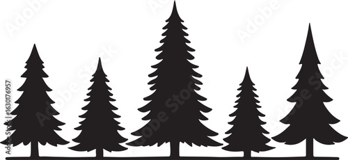 A Serene Natural Landscape Featuring a Collection of Evergreen Trees in Silhouette Against a Clean White Background	