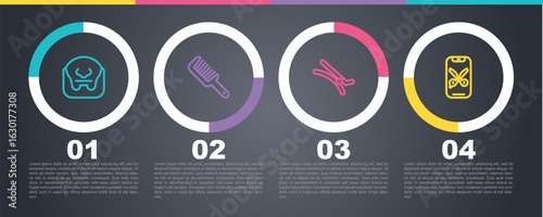 Set line Mustache and beard, Hairbrush, clip and Barber online service or platform. Business infographic template. Vector