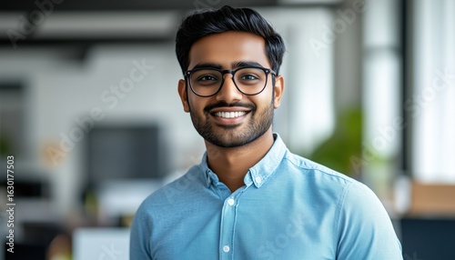 Young Indian Man In Glasses And Blue Shirt Smiling In Modern Office, Looking At Camera In Close-Up Portrait.