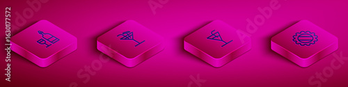 Set Isometric line Wine bottle with glass, Cocktail, and Bottle cap icon. Vector