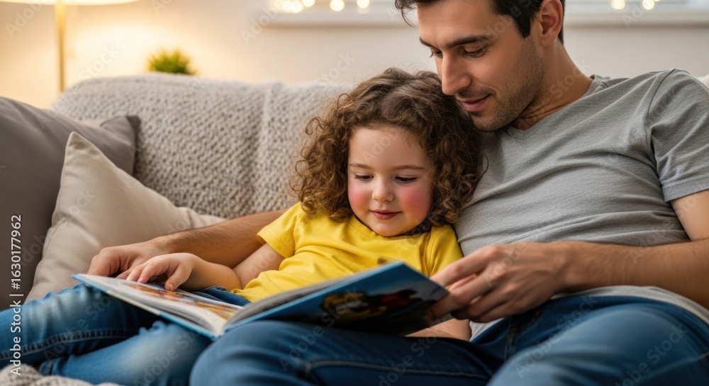 Obraz premium A man and a child sitting on a couch, reading a book together.